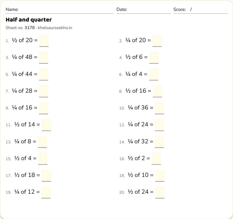 Half and quarter Worksheet for Class 3 — printable preview