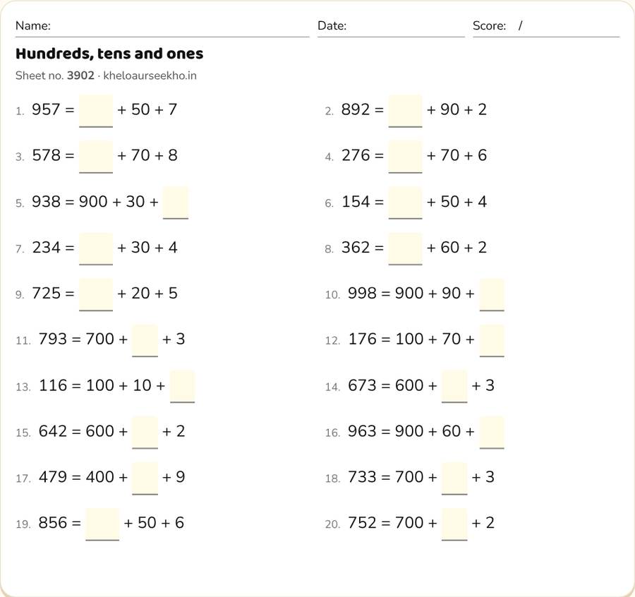 Hundreds, tens and ones Worksheet for Class 3 — printable preview