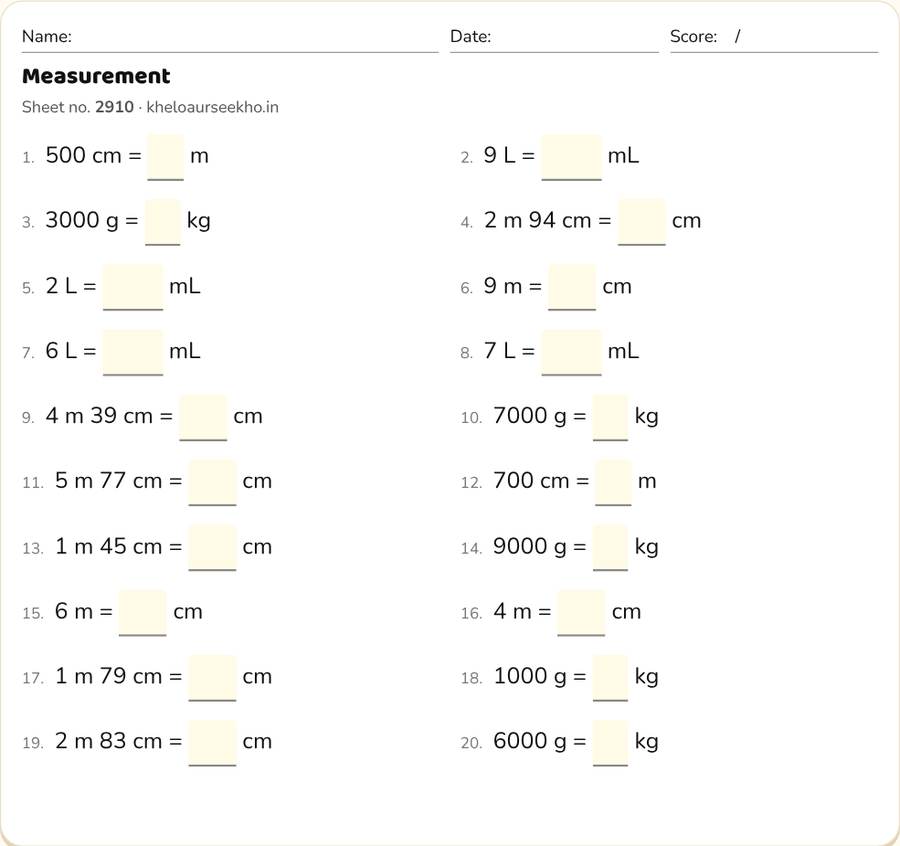 Measurement Worksheet for Class 3 — printable preview