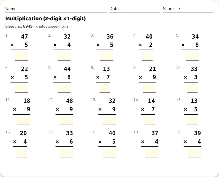 Multiplication (2-digit × 1-digit) Worksheet for Class 3 — printable preview