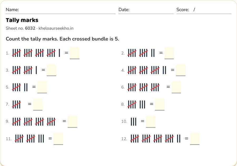 Tally marks Worksheet for Class 3 — printable preview