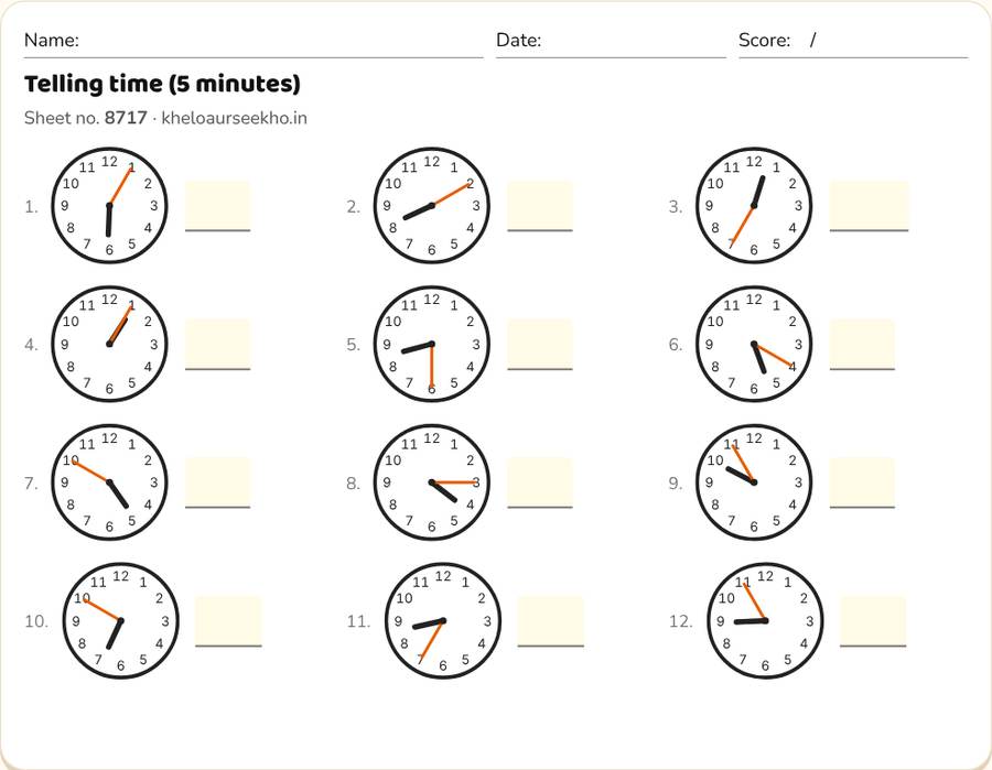 Telling time (5 minutes) Worksheet for Class 3 — printable preview