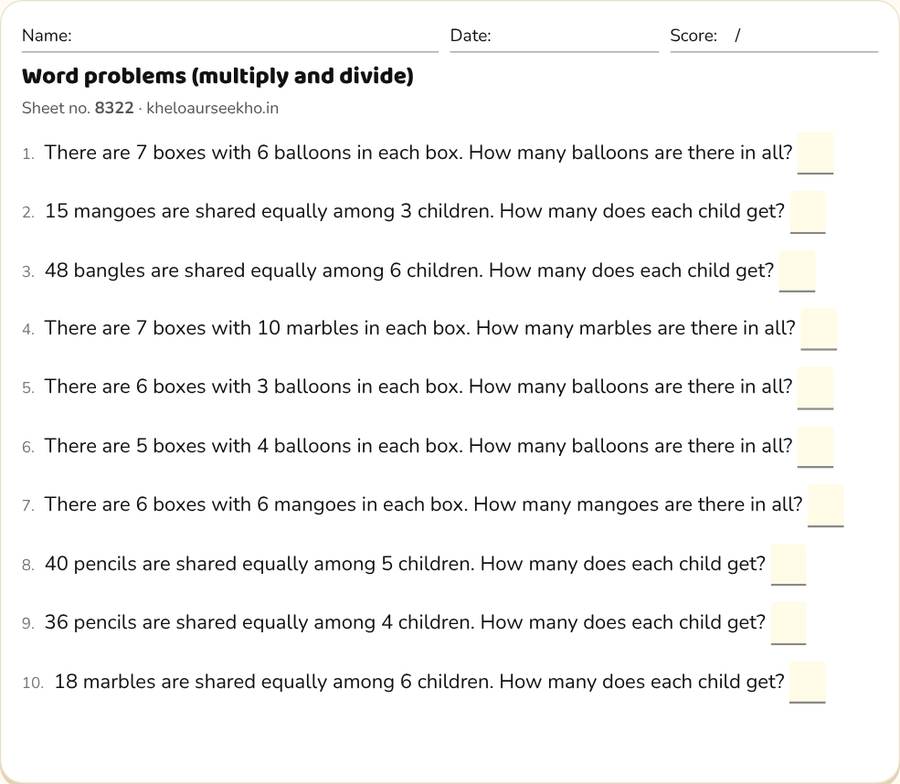 Word problems (multiply and divide) Worksheet for Class 3 — printable preview