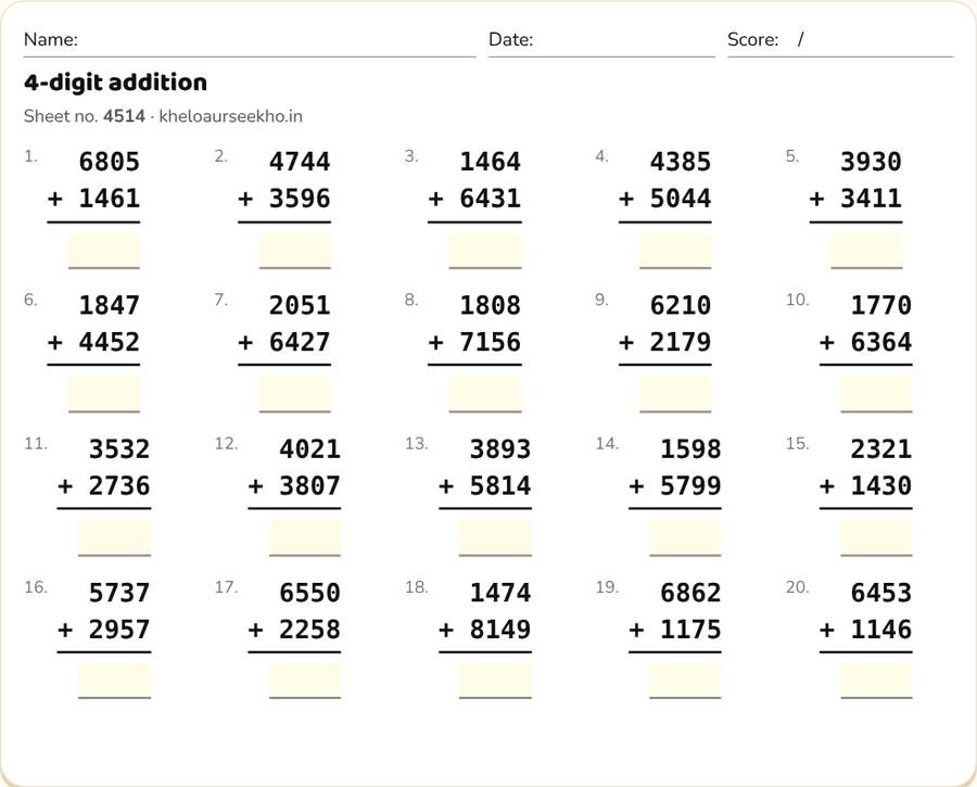 4-digit addition Worksheet for Class 4 — printable preview