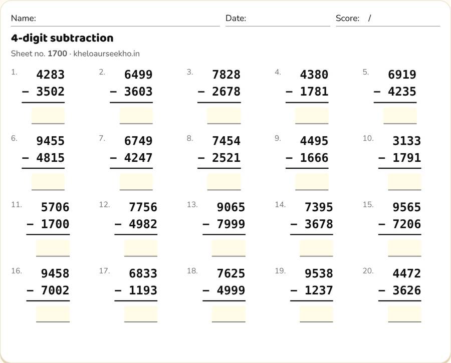 4-digit subtraction Worksheet for Class 4 — printable preview