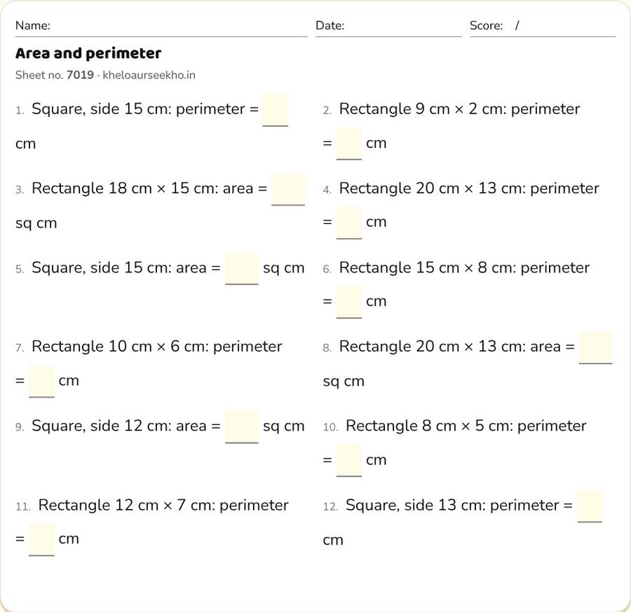 Area and perimeter Worksheet for Class 4 — printable preview