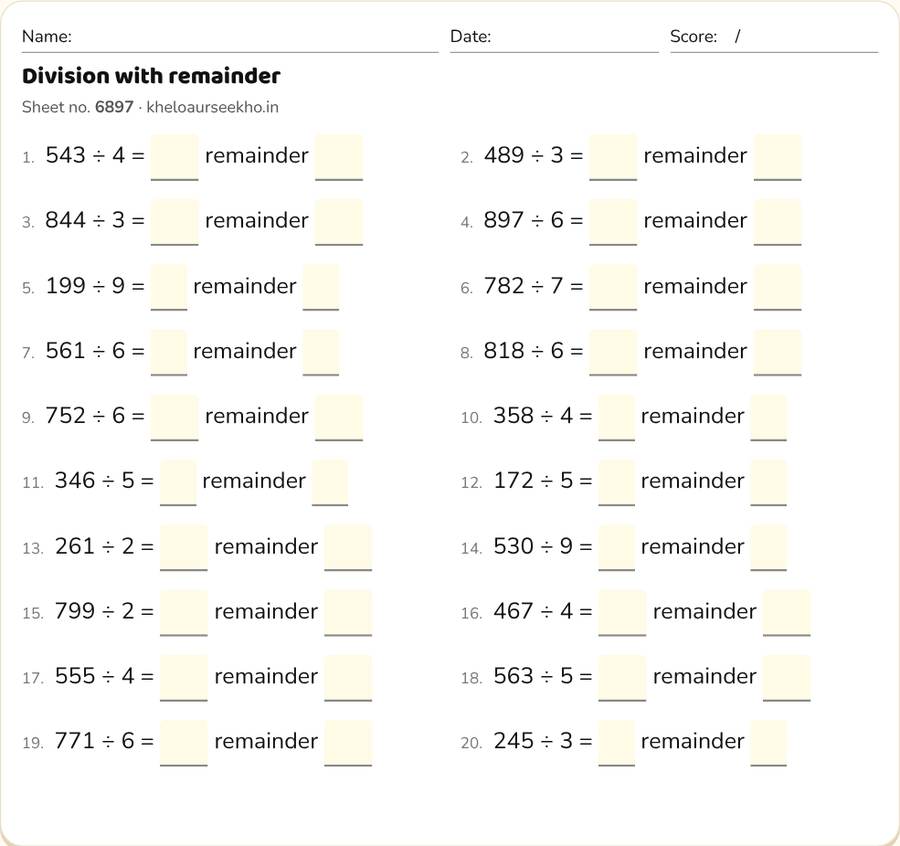 Division with remainder Worksheet for Class 4 — printable preview