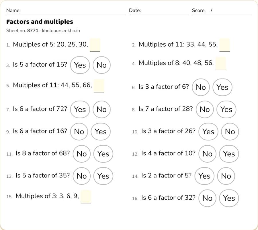 Factors and multiples Worksheet for Class 4 — printable preview