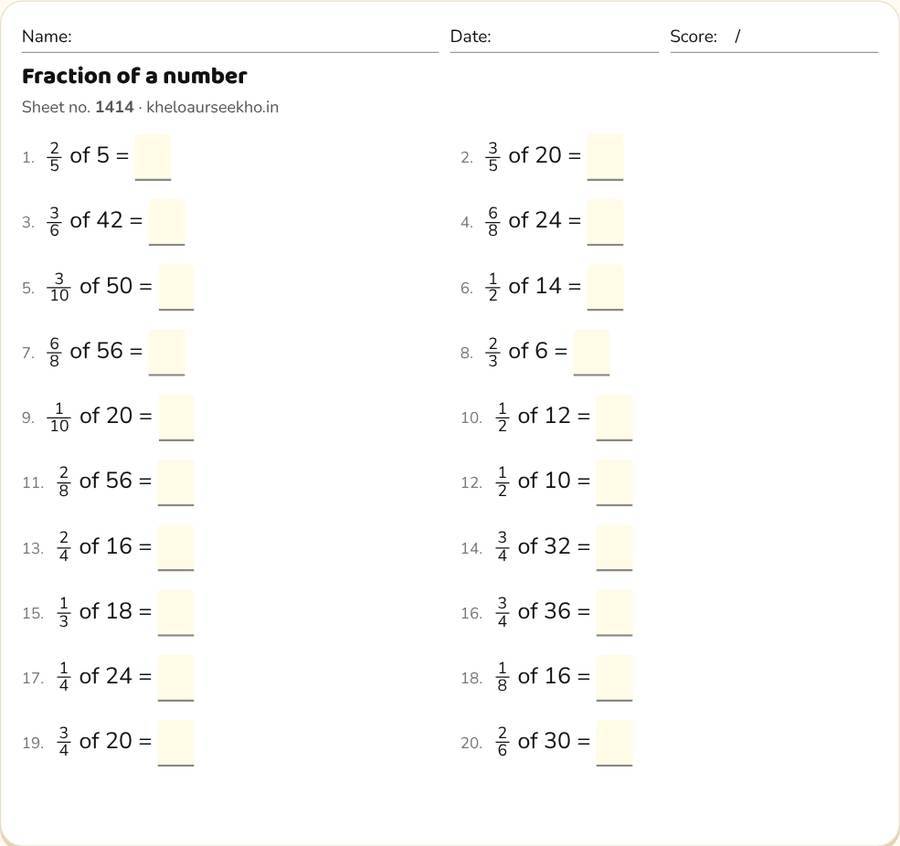 Fraction of a number Worksheet for Class 4 — printable preview