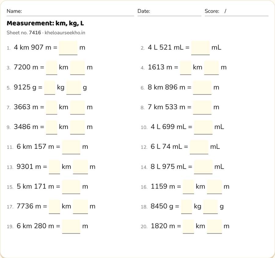 Measurement: km, kg, L Worksheet for Class 4 — printable preview