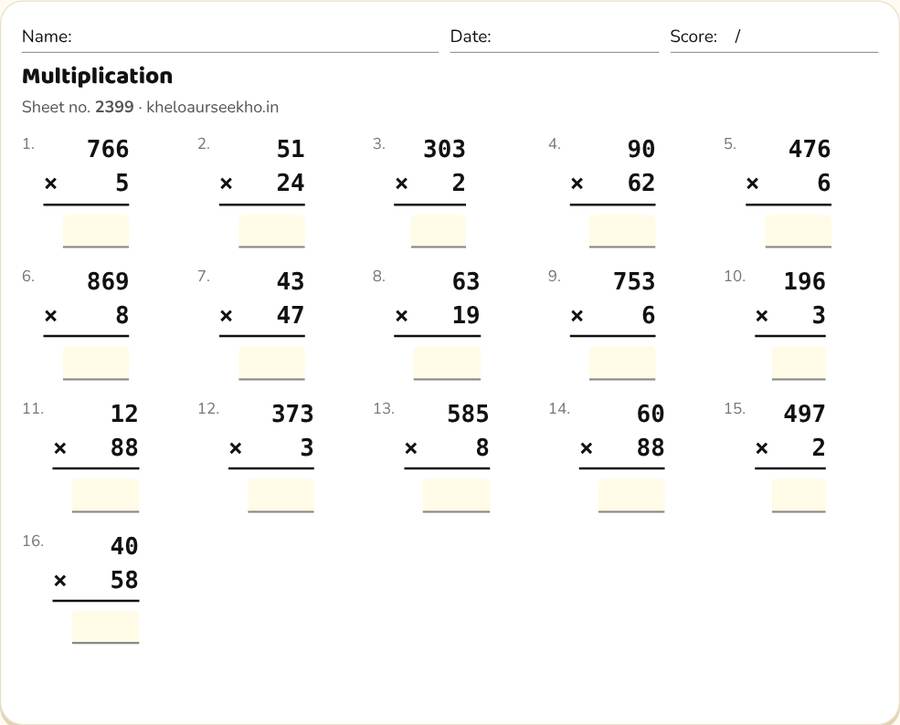 Multiplication Worksheet for Class 4 — printable preview