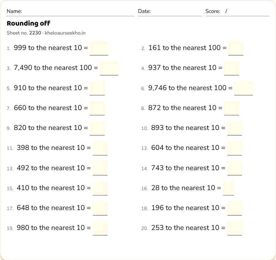 Rounding off Worksheet for Class 4 — printable preview
