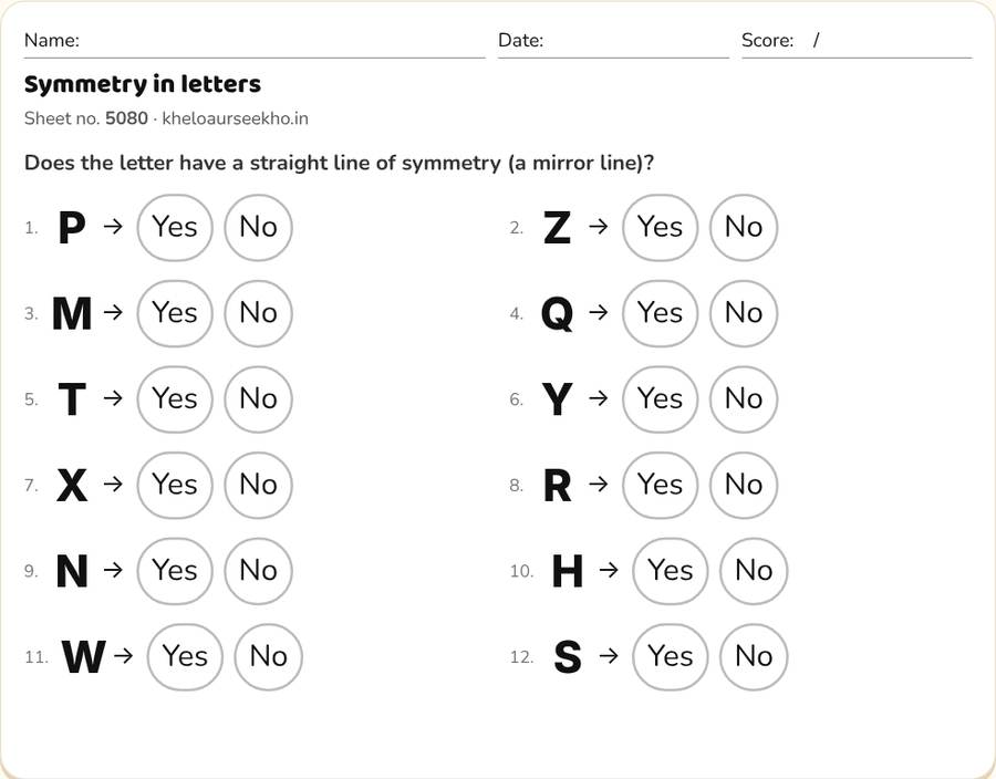 Symmetry in letters Worksheet for Class 4 — printable preview