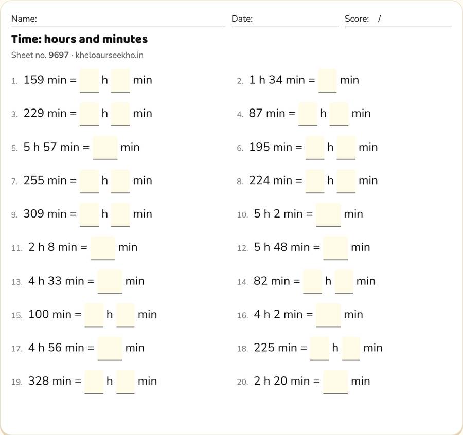 Time: hours and minutes Worksheet for Class 4 — printable preview