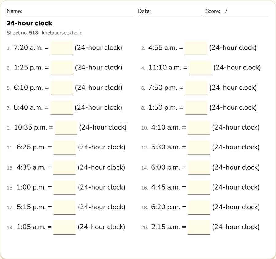 24-hour clock Worksheet for Class 5 — printable preview