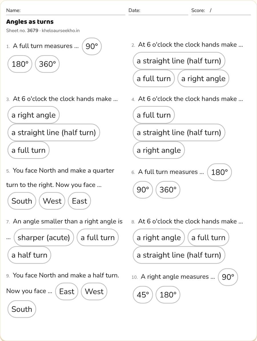 Angles as turns Worksheet for Class 5 — printable preview