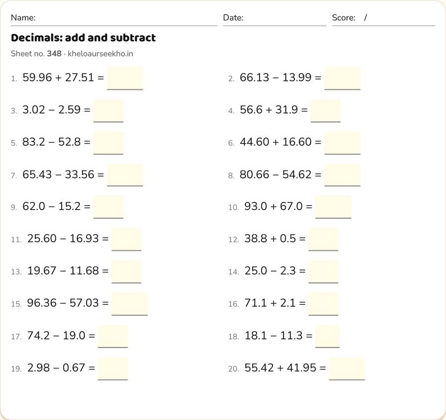Decimals: add and subtract Worksheet for Class 5 — printable preview