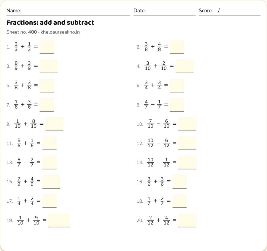 Fractions: add and subtract Worksheet for Class 5 — printable preview