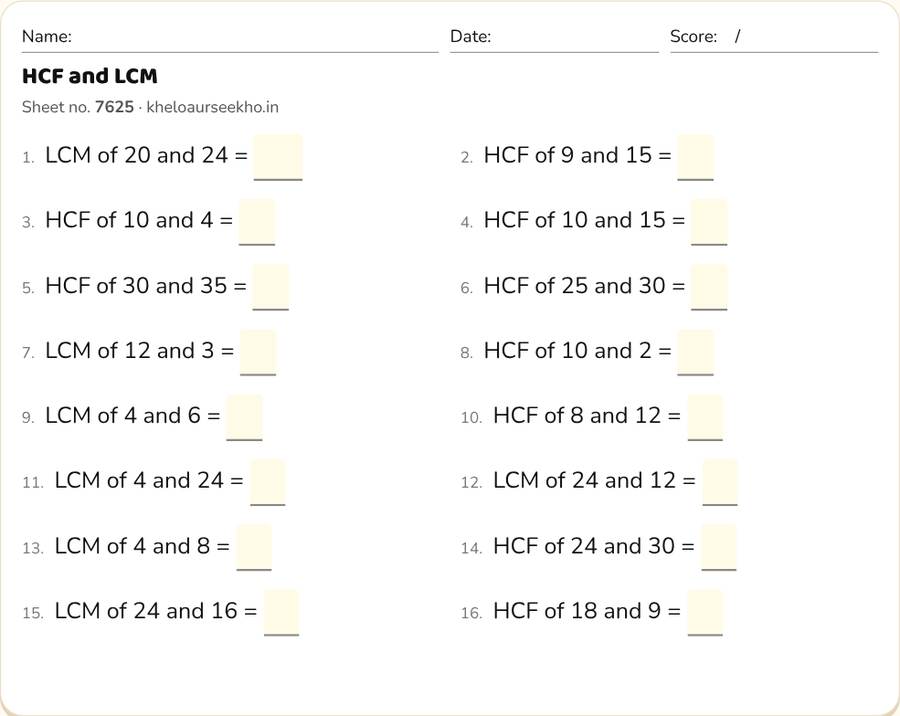 HCF and LCM Worksheet for Class 5 — printable preview