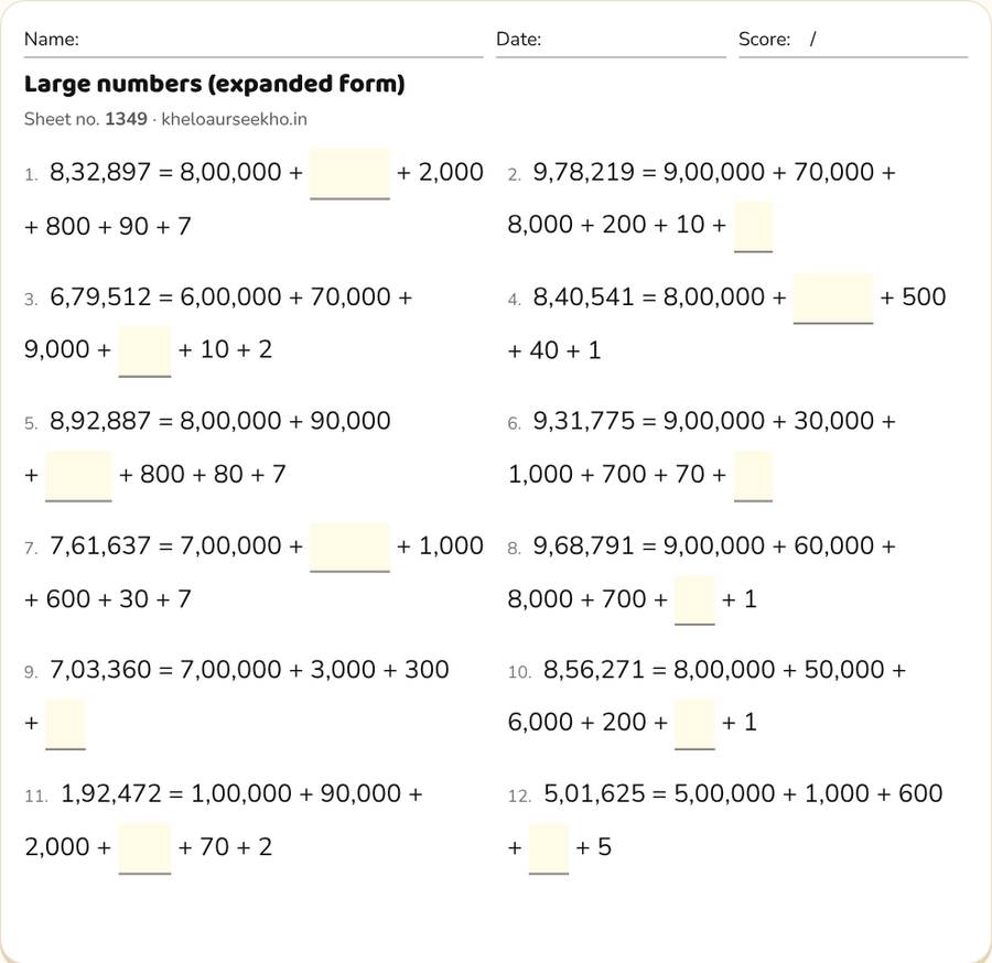 Large numbers (expanded form) Worksheet for Class 5 — printable preview
