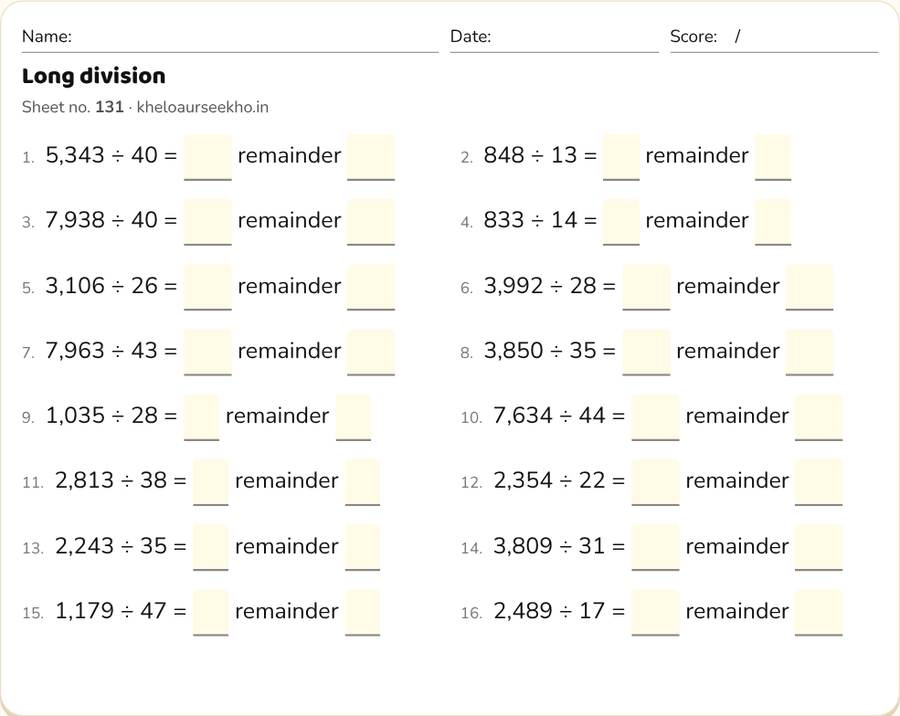 Long division Worksheet for Class 5 — printable preview