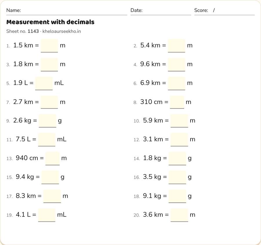Measurement with decimals Worksheet for Class 5 — printable preview