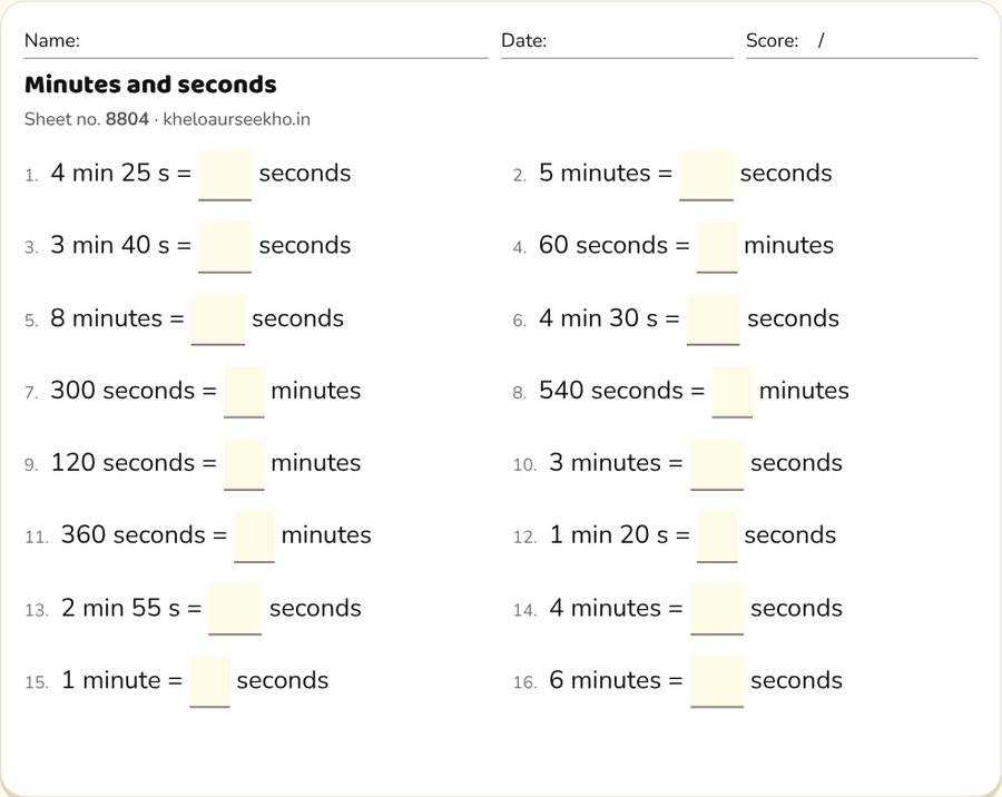 Minutes and seconds Worksheet for Class 5 — printable preview