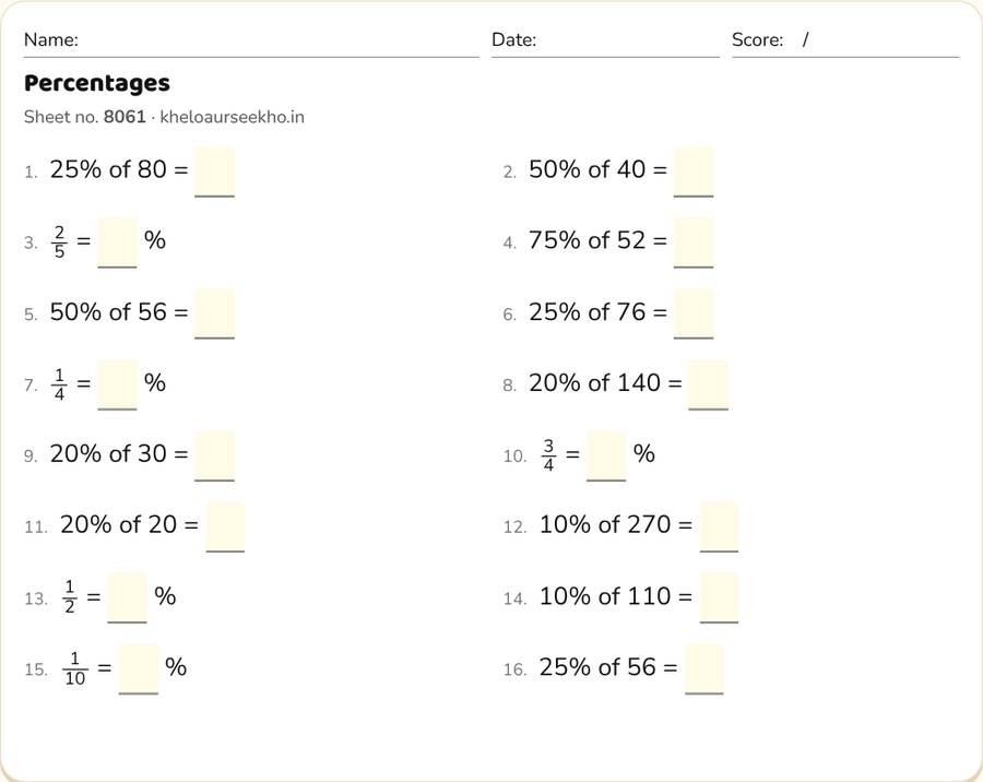 Percentages Worksheet for Class 5 — printable preview