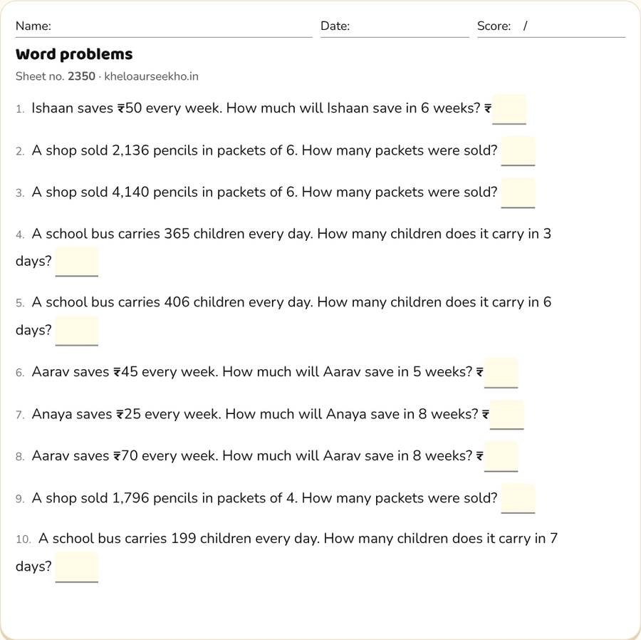 Word problems Worksheet for Class 5 — printable preview