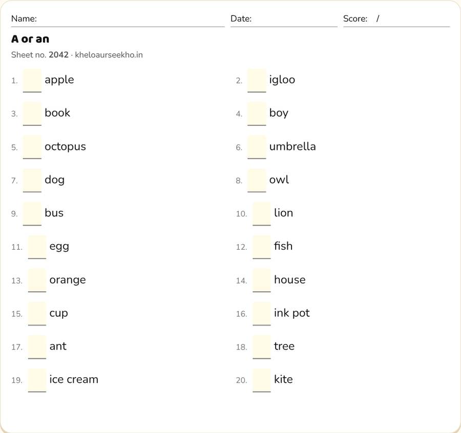 A or an Worksheet for Class 1–3 — printable preview