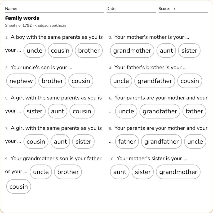 Family words Worksheet for Class 1–3 — printable preview