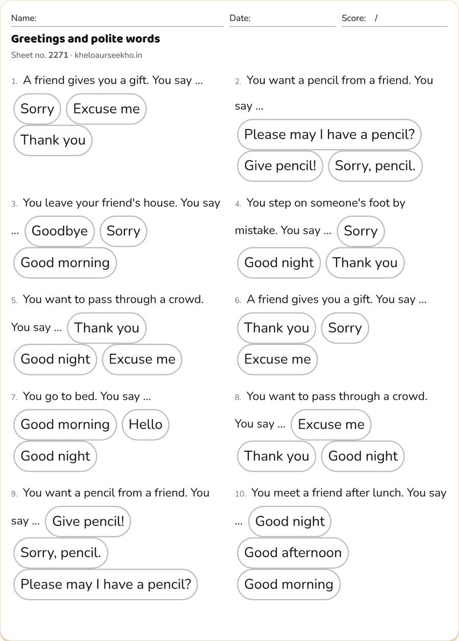 Greetings and polite words Worksheet for Class 1–3 — printable preview