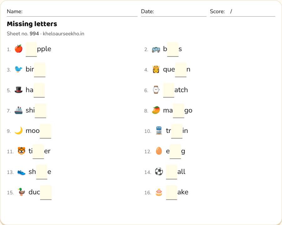 Missing letters Worksheet for Class 1–3 — printable preview