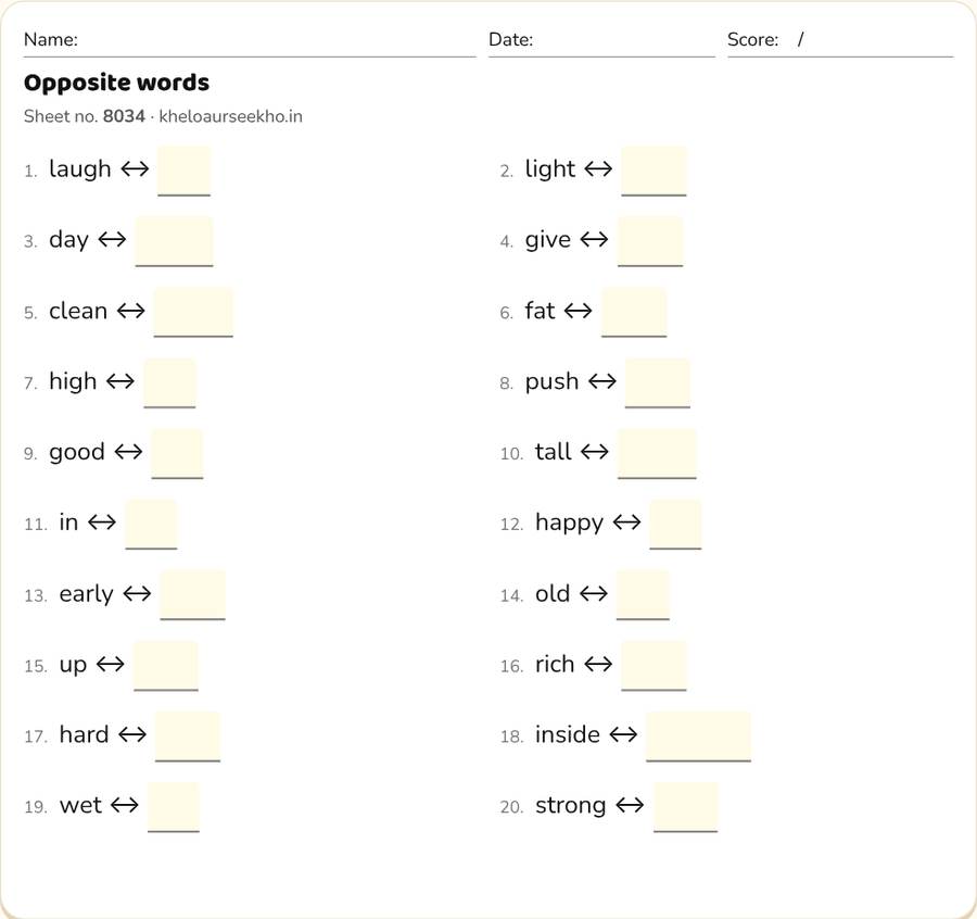 Opposite words Worksheet for Class 1–3 — printable preview