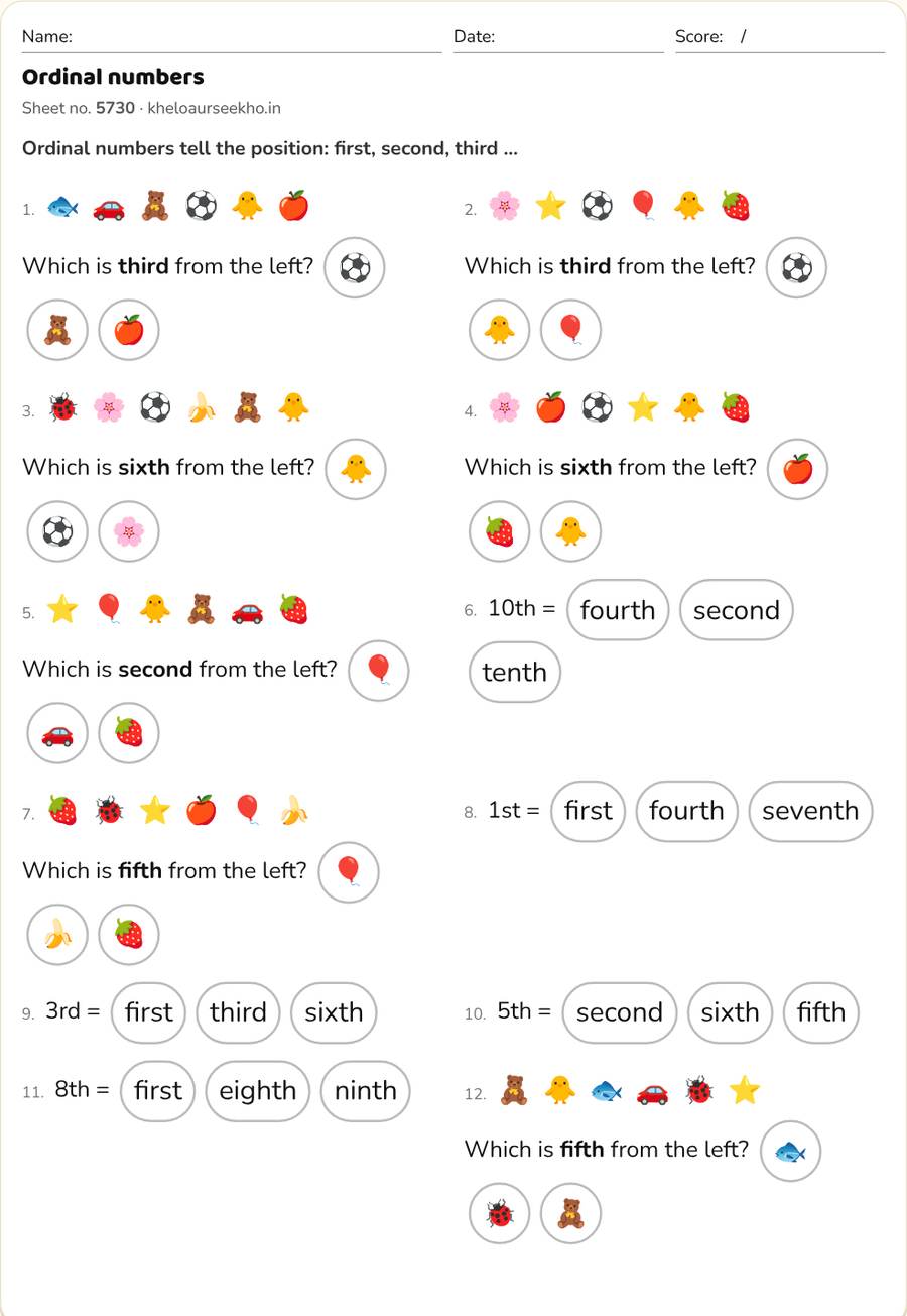 Ordinal numbers Worksheet for Class 1–3 — printable preview