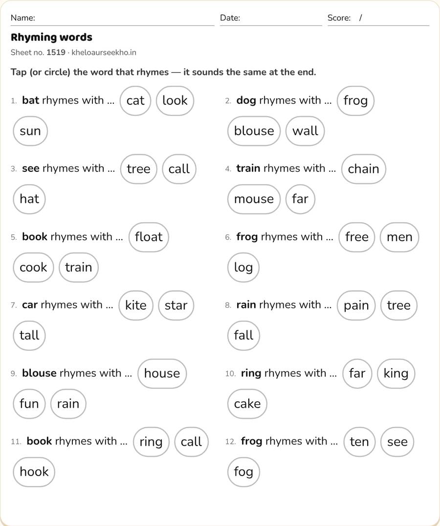 Rhyming words Worksheet for Class 1–3 — printable preview