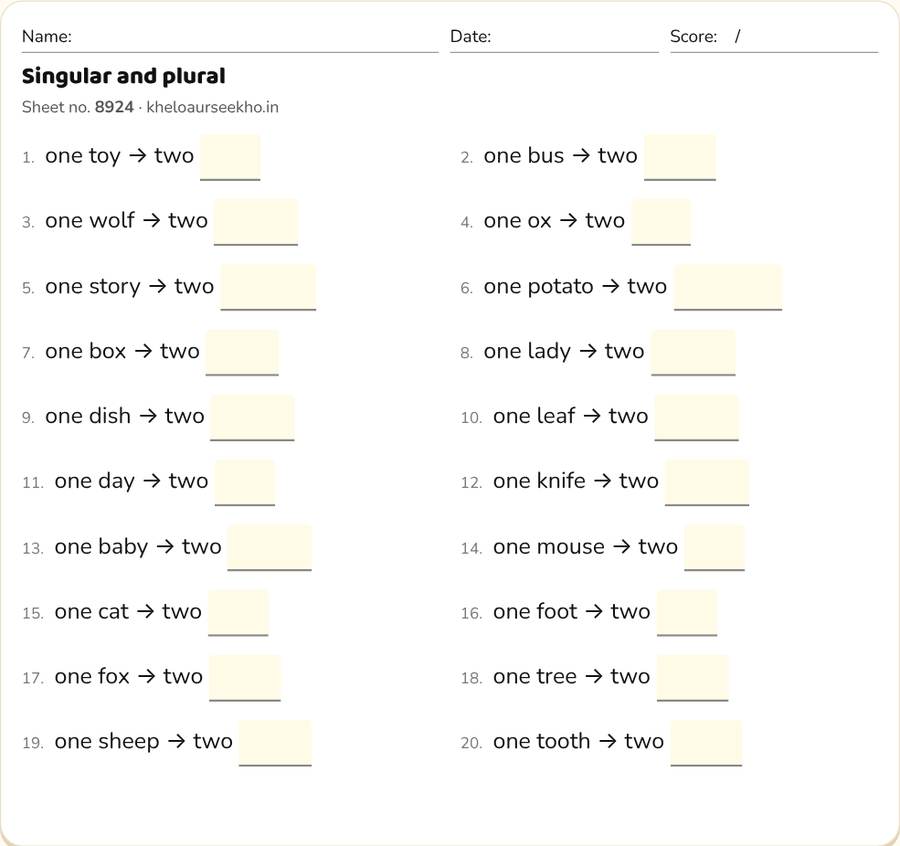 Singular and plural Worksheet for Class 1–3 — printable preview