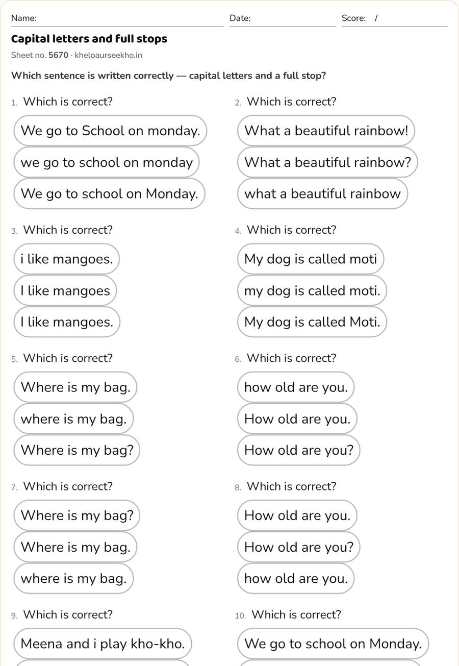 Capital letters and full stops Worksheet for Class 1–4 — printable preview