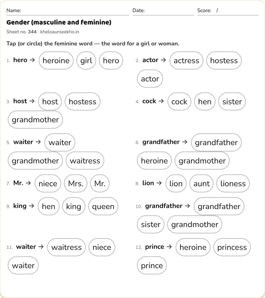 Gender (masculine and feminine) Worksheet for Class 1–4 — printable preview