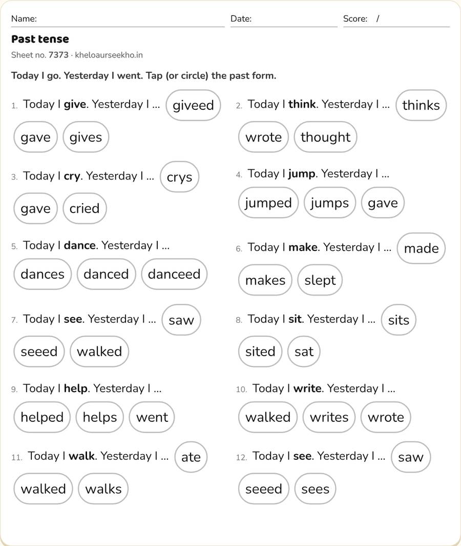 Past tense Worksheet for Class 1–4 — printable preview