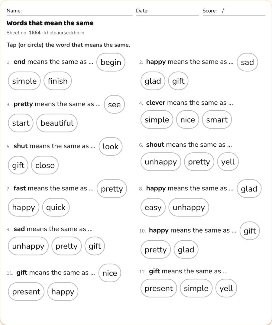Words that mean the same Worksheet for Class 1–4 — printable preview