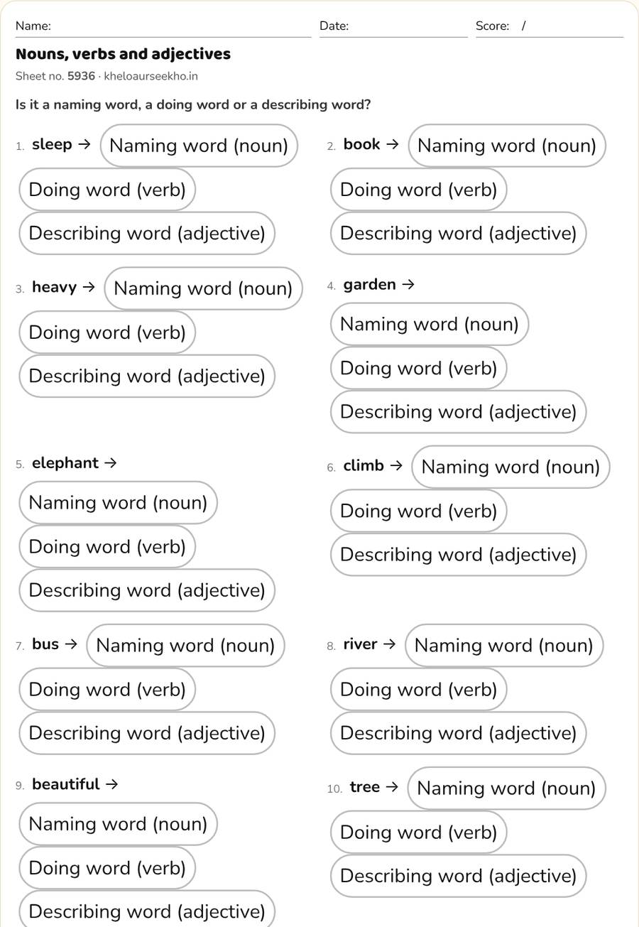 English Grammar Worksheets for Class 1 to 5 — printable preview
