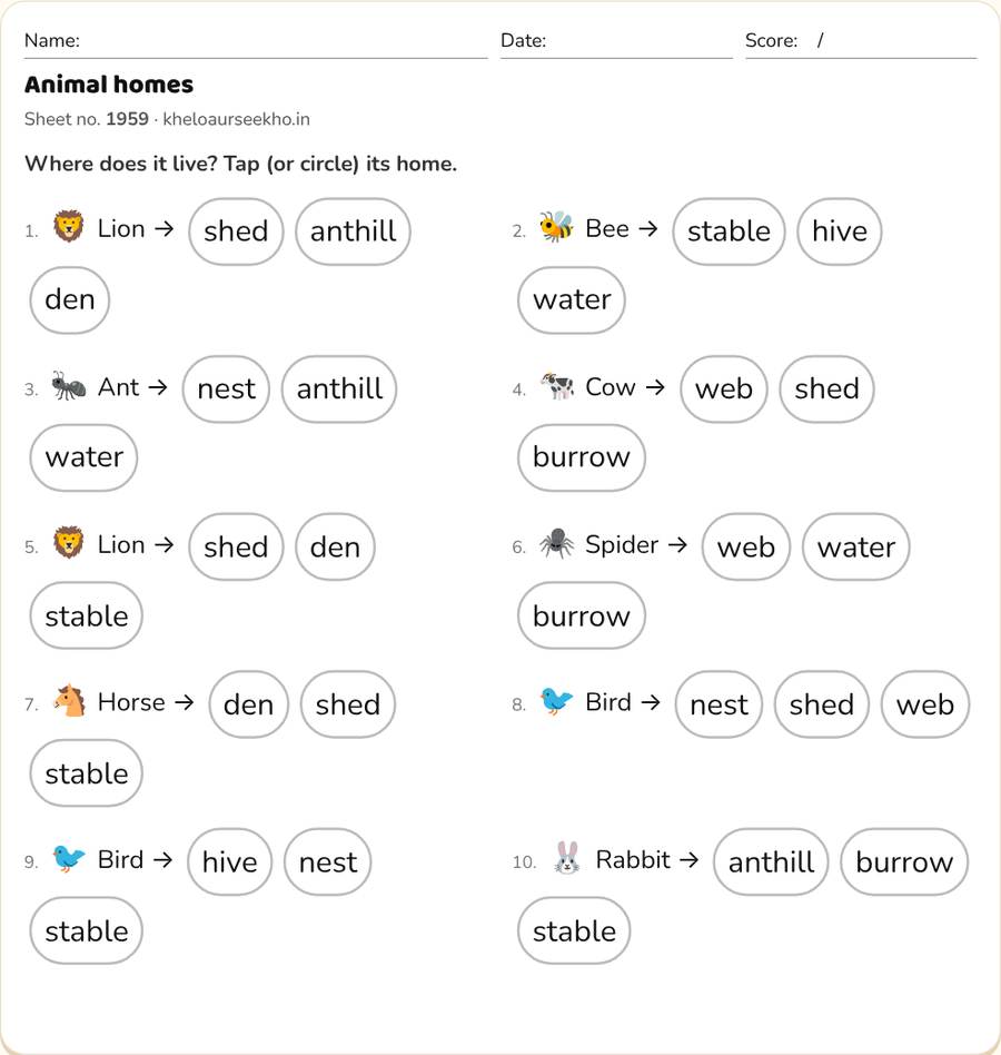 Animal homes Worksheet for Class 1 — printable preview