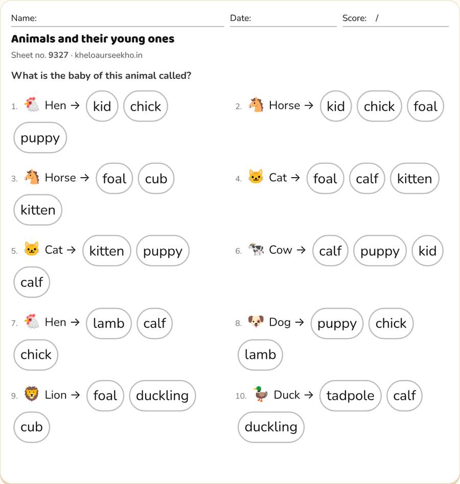 Animals and their young ones Worksheet for Class 1 — printable preview