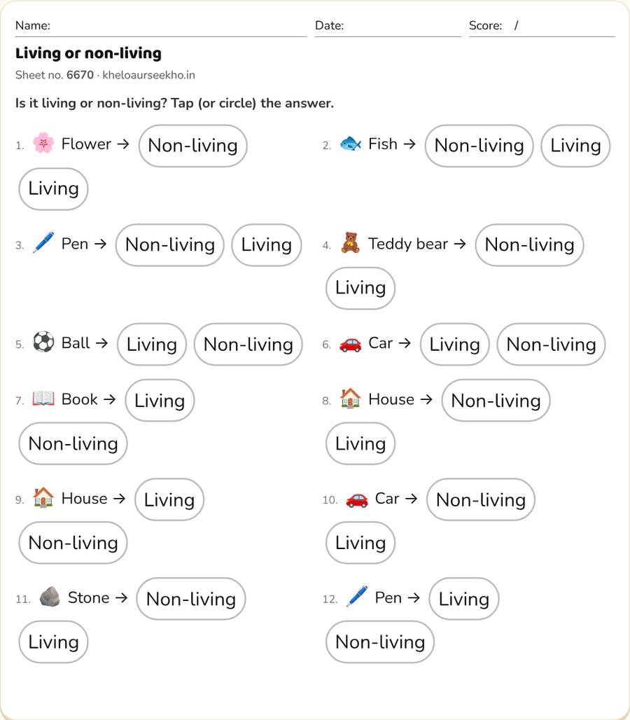 Living or non-living Worksheet for Class 1 — printable preview