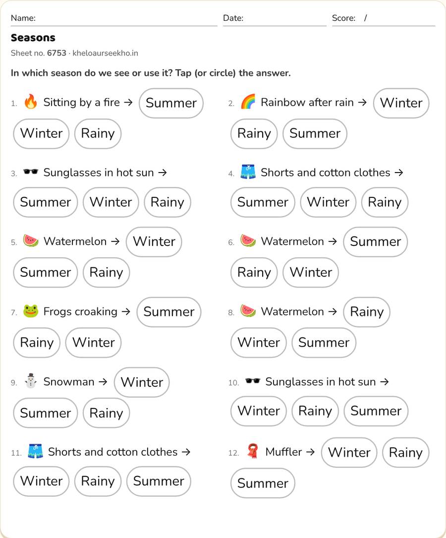 Seasons Worksheet for Class 1 — printable preview