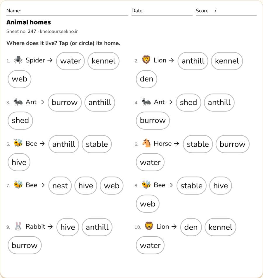 Animal homes Worksheet for Class 2 — printable preview