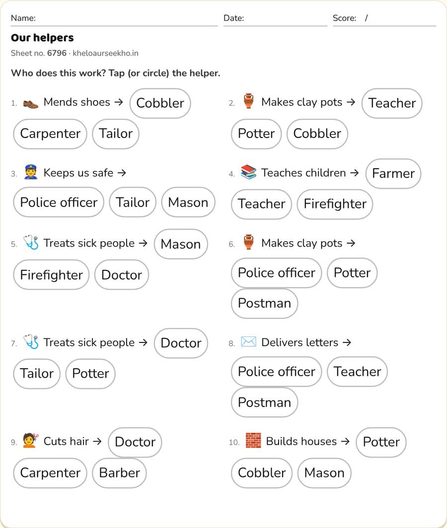 Our helpers Worksheet for Class 2 — printable preview