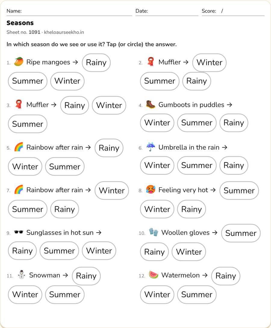 Seasons Worksheet for Class 2 — printable preview