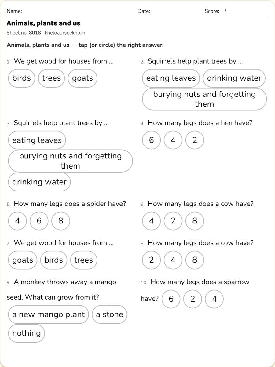 Animals, plants and us Worksheet for Class 3 — printable preview